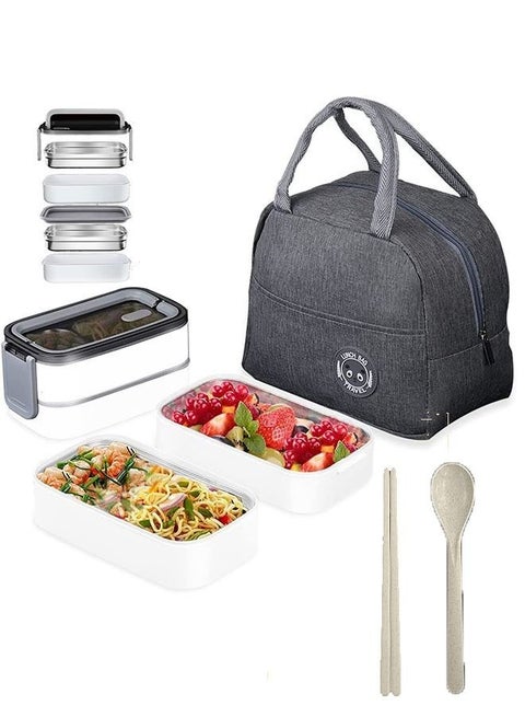 صندوق بينتو مزدوج من الفولاذ المقاوم للصدأ ، 2 طبقة مانعة للتسرب بينتو بوكس ، صندوق تخزين طعام العمل مع مقسم مع حقيبة تخزين للأطفال والكبار (رمادي)