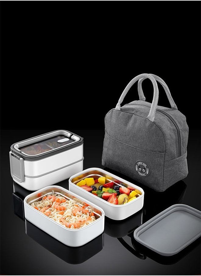 Arabest - Stainless Steel Double Bento Box,2 Layer Leak-Proof Bento Box,Work Food Storage Box with Divider with Storage Bag for Kids and Adults(Grey) - Image 1