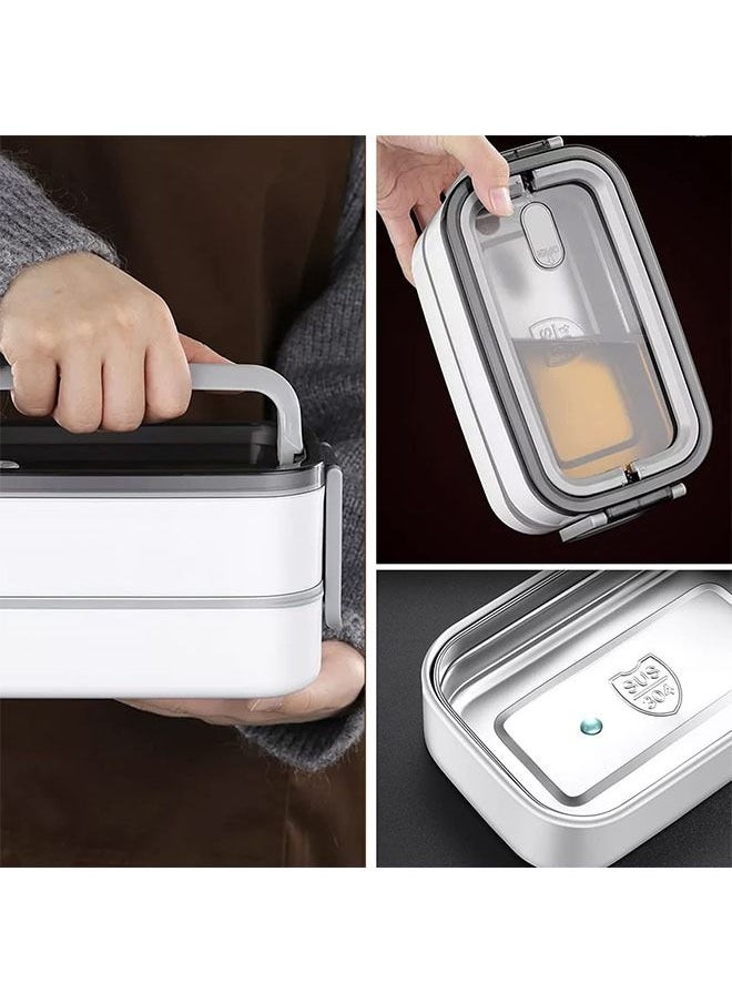 Arabest - Stainless Steel Double Bento Box,2 Layer Leak-Proof Bento Box,Work Food Storage Box with Divider with Storage Bag for Kids and Adults(Grey) - Image 1