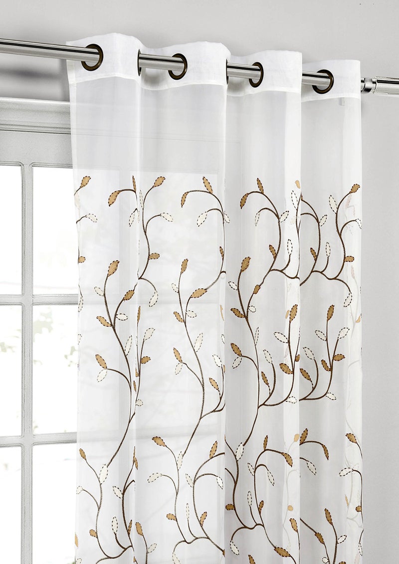 Creative Home Ideas Wavy Leaves, Embroidered Window Curtain with Grommets, Extra Wide Single Panel, 100% Polyester, Light Filtering, Sheer, Modern Drapes, 54" x 84", Chocolate - Image 2