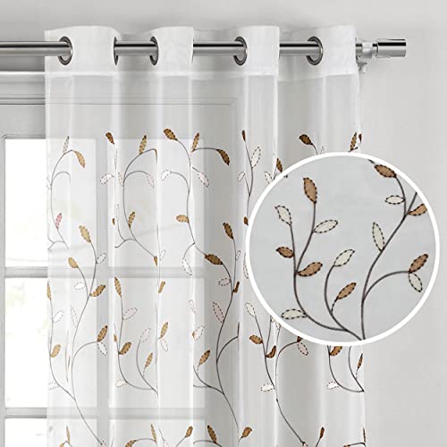 Creative Home Ideas Wavy Leaves, Embroidered Window Curtain with Grommets, Extra Wide Single Panel, 100% Polyester, Light Filtering, Sheer, Modern Drapes, 54" x 84", Chocolate - Image 1
