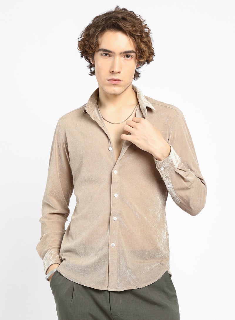 Campus Sutra Men's Sand Beige Solid Velvet Shirt - Image 2