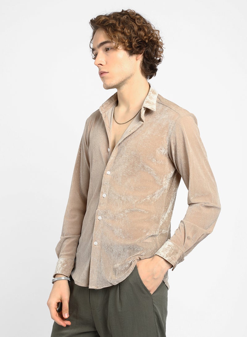 Campus Sutra Men's Sand Beige Solid Velvet Shirt - Image 3