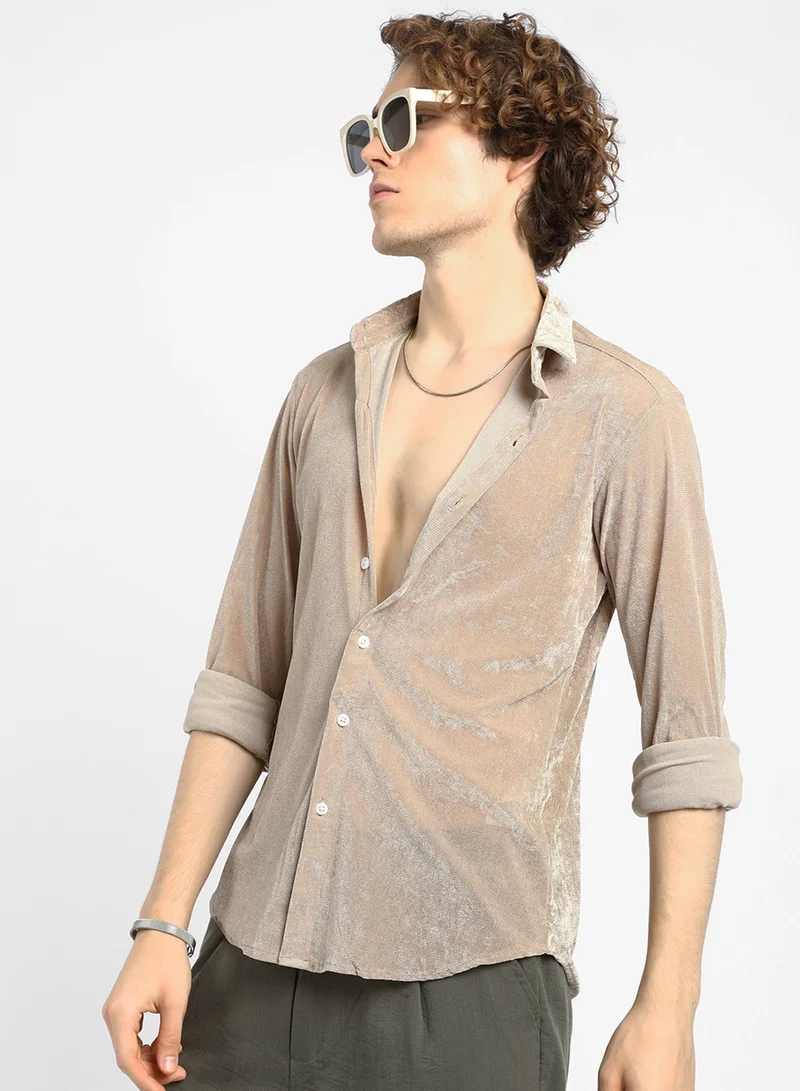 كامبوس سوترا Men's Sand Beige Solid Velvet Shirt