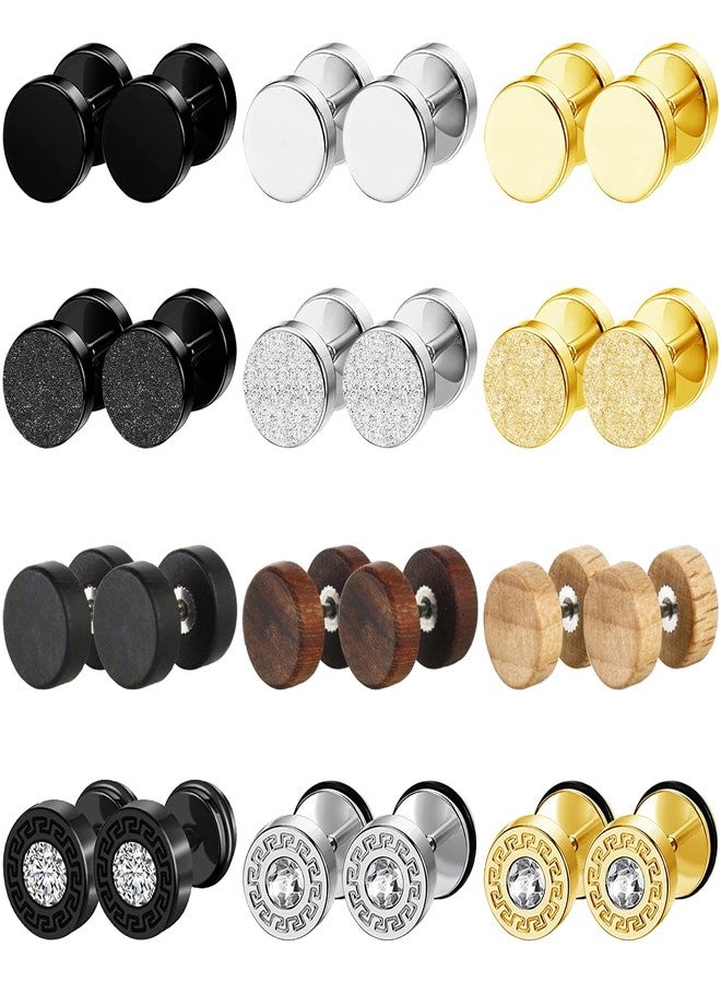 SUBANG 12 Pairs Stainless Steel Stud Earrings for Men Faux Gauges Earrings Hypoallergenic Earrings Flatback Earrings Screw Back Earrings for Women Men - Image 1