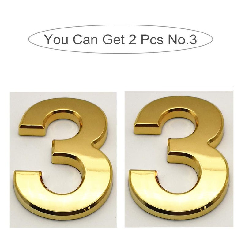 HopeWan 4 Inch Mailbox Numbers #3, Self Adhesive Door Adress Number Stickers for House Door, Apartment, Hotel Room, Outside or Yard Available, Metal Shiny, Pack of 2. (4 Inch - NO.3, Goldï¼‰ - Image 2