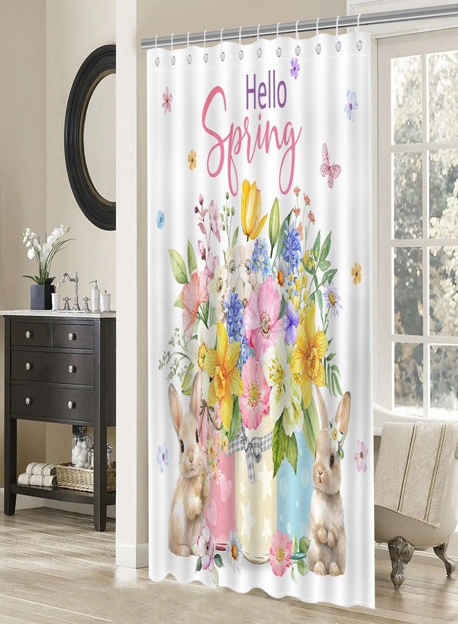 Mocsicka Spring Bunny Shower Curtain Spring Cute Rabbits Watercolor Floral Bathroom Shower Curtain Hello Spring Easter Waterproof Fabric Shower Curtain Bathtub Decor with 12 Hooks 72 X 72 Inch - Image 3