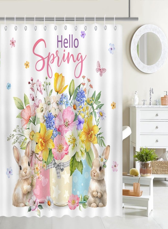 Mocsicka Spring Bunny Shower Curtain Spring Cute Rabbits Watercolor Floral Bathroom Shower Curtain Hello Spring Easter Waterproof Fabric Shower Curtain Bathtub Decor with 12 Hooks 72 X 72 Inch - Image 1