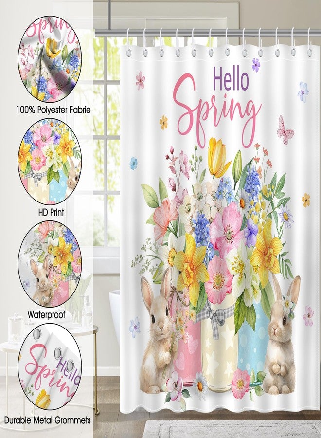 Mocsicka Spring Bunny Shower Curtain Spring Cute Rabbits Watercolor Floral Bathroom Shower Curtain Hello Spring Easter Waterproof Fabric Shower Curtain Bathtub Decor with 12 Hooks 72 X 72 Inch - Image 5