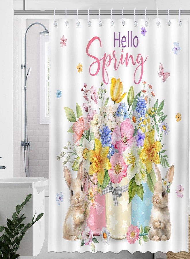 Mocsicka Spring Bunny Shower Curtain Spring Cute Rabbits Watercolor Floral Bathroom Shower Curtain Hello Spring Easter Waterproof Fabric Shower Curtain Bathtub Decor with 12 Hooks 72 X 72 Inch - Image 2