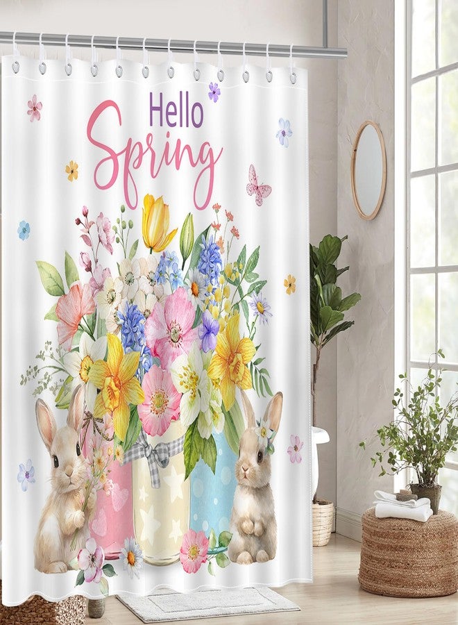 Mocsicka Spring Bunny Shower Curtain Spring Cute Rabbits Watercolor Floral Bathroom Shower Curtain Hello Spring Easter Waterproof Fabric Shower Curtain Bathtub Decor with 12 Hooks 72 X 72 Inch - Image 4