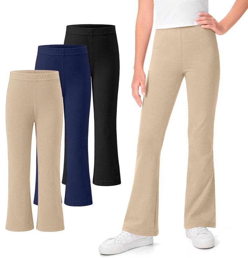 KEREDA 3 Pack School Uniform Pants for Girls Flare Leggings Bell Bottoms Trendy Clothes for Teen Girls Kids Black-Khaki-Navy 7-8 Years - Image 1