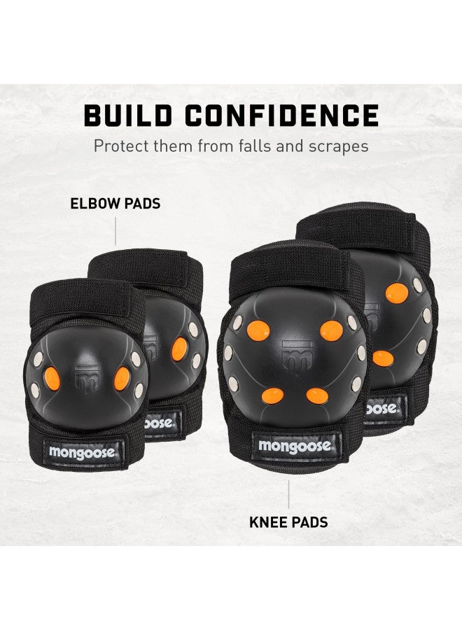Mongoose Youth BMX Bike Gel Knee and Elbow Pad Set, Multi-Sport Protective Gear, Black/Orange