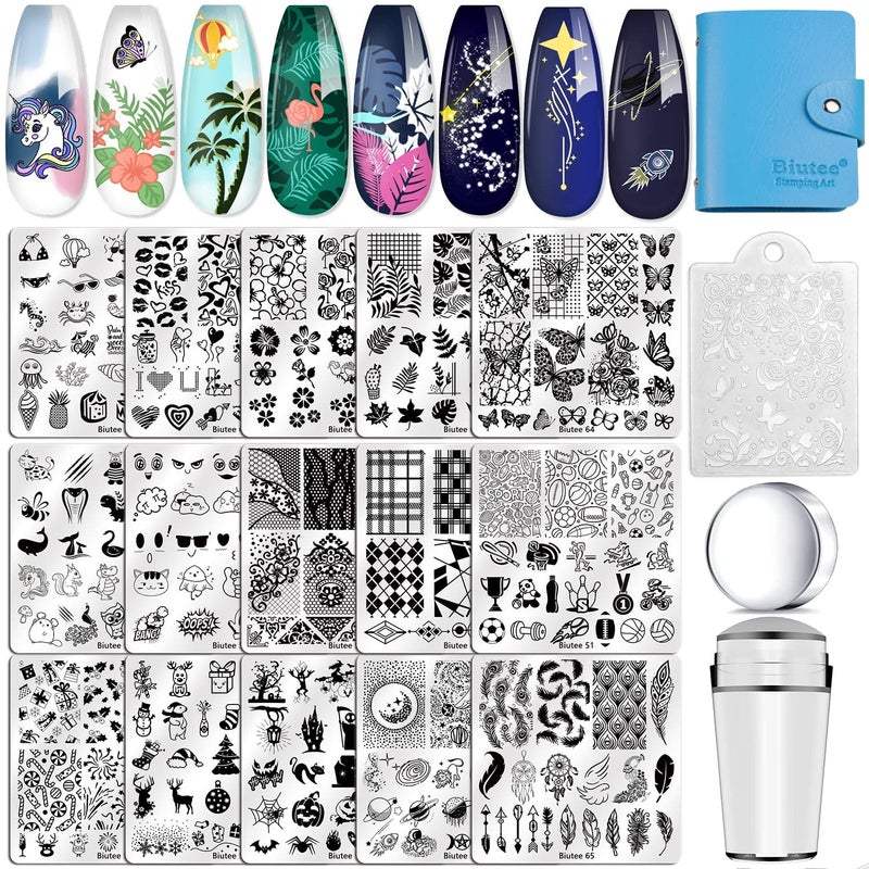 Biutee Nail Stamping Plates Set 15 pcs Nail Art Stamper Scraper Storage Bag Gift Box Nail Stamp Template Kit Lace Flower Butterfly Star Holiday Valentine Design Nail Image Plate - Image 1