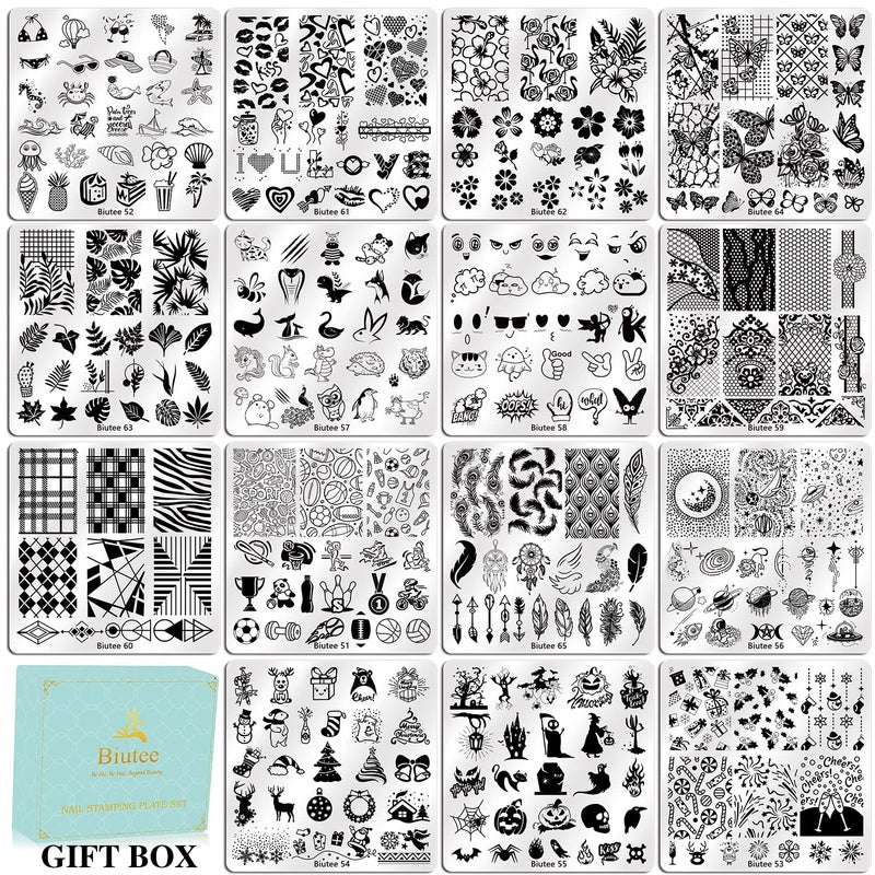 Biutee Nail Stamping Plates Set 15 pcs Nail Art Stamper Scraper Storage Bag Gift Box Nail Stamp Template Kit Lace Flower Butterfly Star Holiday Valentine Design Nail Image Plate - Image 2