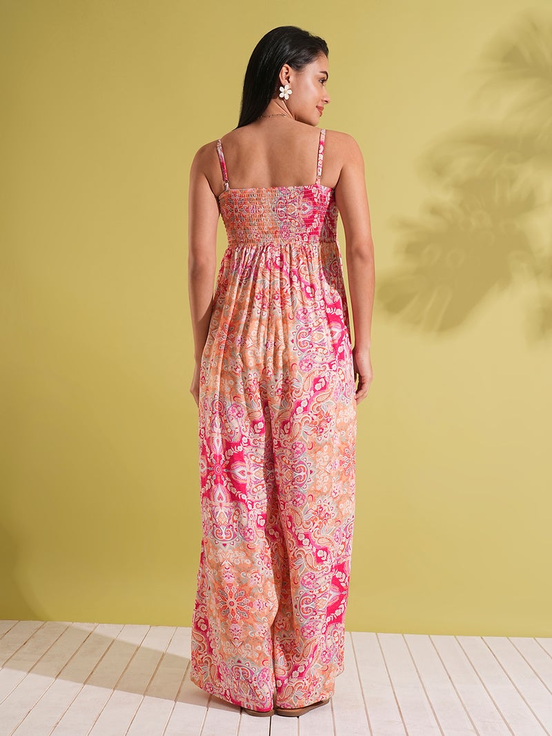 globus Globus Women Square Neck Adjustable Strappy Shoulder Smocked Floral Print Wide Leg Jumpsuit - Image 3