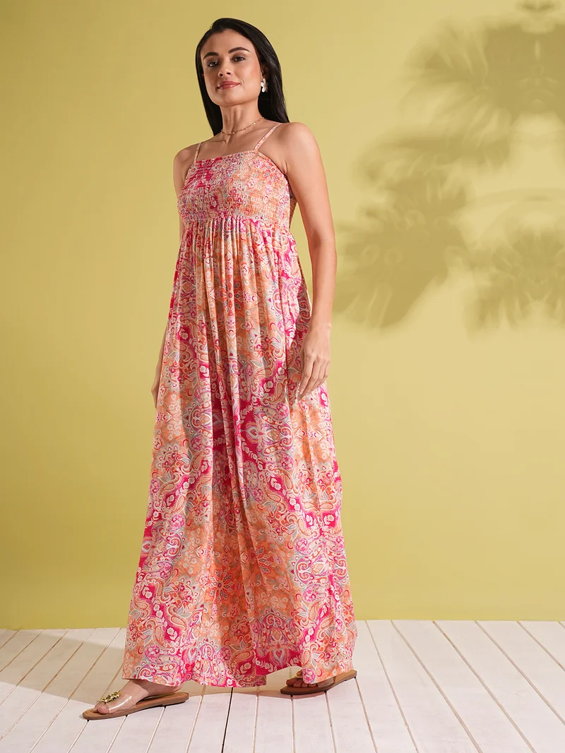 globus Women Square Neck Adjustable Strappy Shoulder Smocked Floral Print Wide Leg Jumpsuit