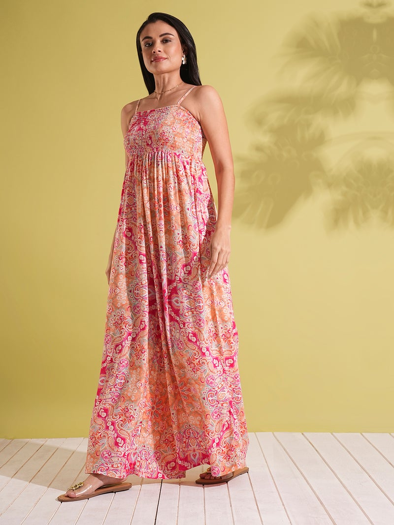 globus Globus Women Square Neck Adjustable Strappy Shoulder Smocked Floral Print Wide Leg Jumpsuit - Image 2