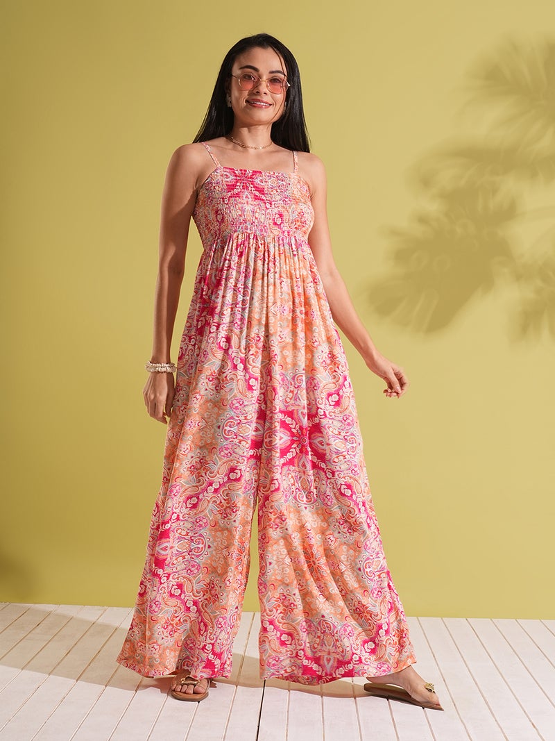 globus Globus Women Square Neck Adjustable Strappy Shoulder Smocked Floral Print Wide Leg Jumpsuit - Image 1