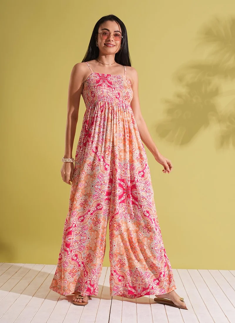 Globus Women Square Neck Adjustable Strappy Shoulder Smocked Floral Print Wide Leg Jumpsuit