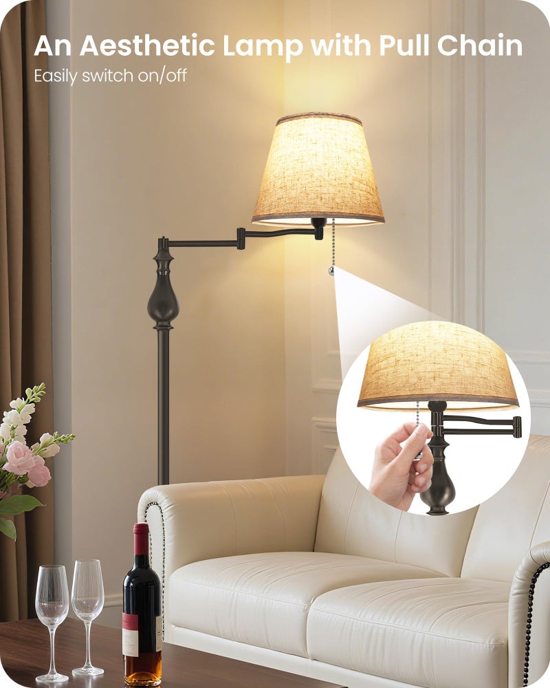 GOEBLESON Vintage Floor Lamp with 350Â°Adjustable Swing Arm, 61â€ Mid-Century Modern Floor Lamp, Standing Pole Lamp with Pull Chain Switch, Antique Reading Lamp for Living Room, Bedroom, Office, Brown CE13LD05 - Image 4