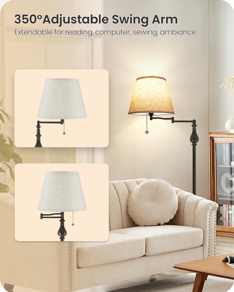 GOEBLESON Vintage Floor Lamp with 350Â°Adjustable Swing Arm, 61â€ Mid-Century Modern Floor Lamp, Standing Pole Lamp with Pull Chain Switch, Antique Reading Lamp for Living Room, Bedroom, Office, Brown CE13LD05 - Image 3