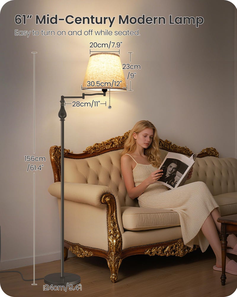 GOEBLESON Vintage Floor Lamp with 350Â°Adjustable Swing Arm, 61â€ Mid-Century Modern Floor Lamp, Standing Pole Lamp with Pull Chain Switch, Antique Reading Lamp for Living Room, Bedroom, Office, Brown CE13LD05 - Image 2