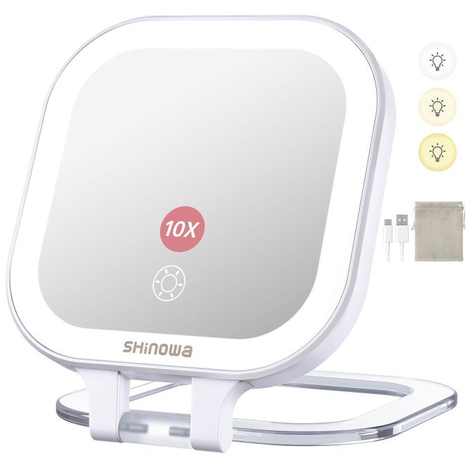 RECHARGEABLE TRAVEL MAKEUP MIRROR WITH 44 LED LIGHTS, 1X/10X MAGNIFYING VANITY MIRROR WITH 3 COLOR LIGHT, FOLDING STAND, 4 INCH PORTABLE DIMMABLE DOUBLE SIDED COMPACT LIGHTED MIRROR, WHITE