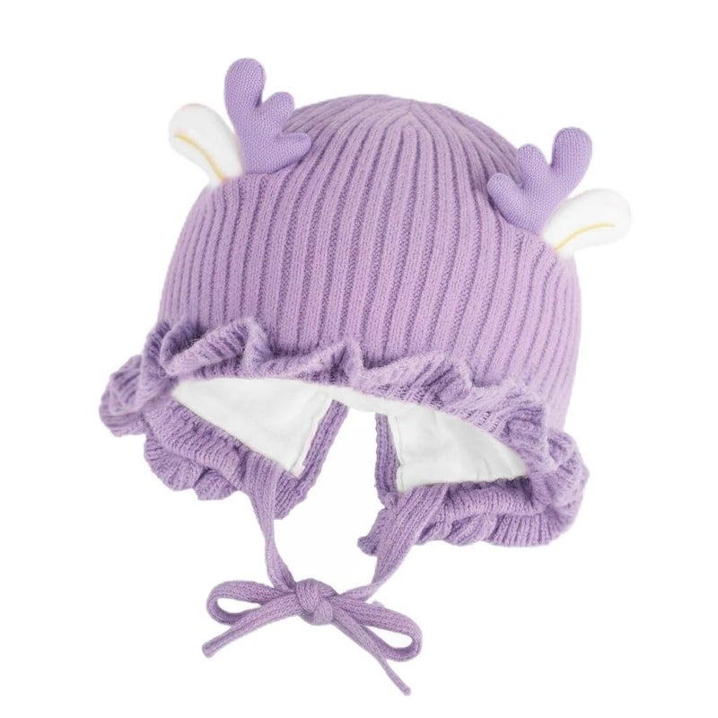 HANNEA® Knitted Baby Deer Antler Hat with Chin Strap Soft Wool Beret for Girls 3-24 Months, Cute and Comfortable Winter Hat, Adorable Photography Prop and Gift, Purple - Image 1