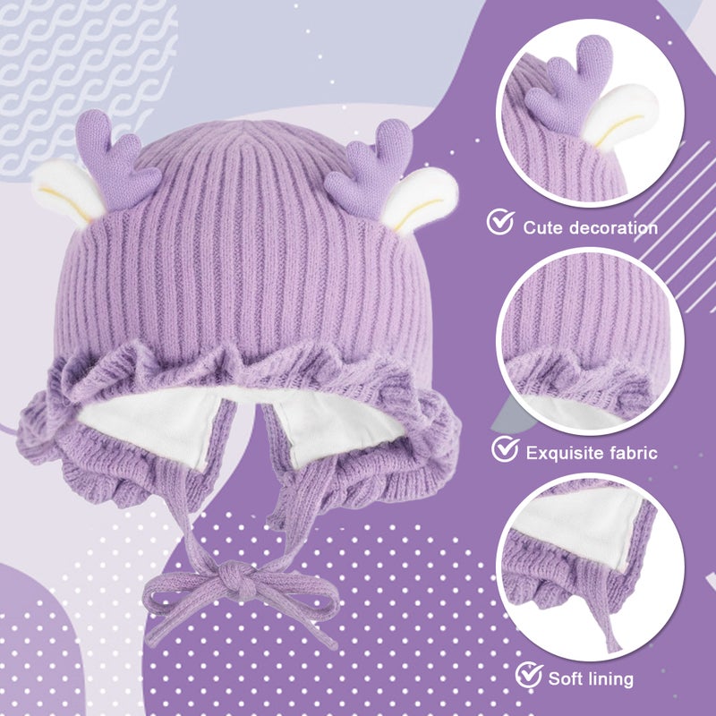 HANNEA® Knitted Baby Deer Antler Hat with Chin Strap Soft Wool Beret for Girls 3-24 Months, Cute and Comfortable Winter Hat, Adorable Photography Prop and Gift, Purple - Image 3