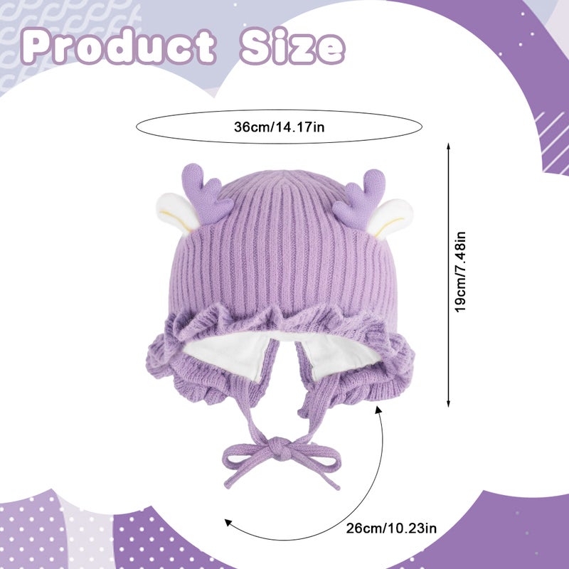HANNEA® Knitted Baby Deer Antler Hat with Chin Strap Soft Wool Beret for Girls 3-24 Months, Cute and Comfortable Winter Hat, Adorable Photography Prop and Gift, Purple - Image 2
