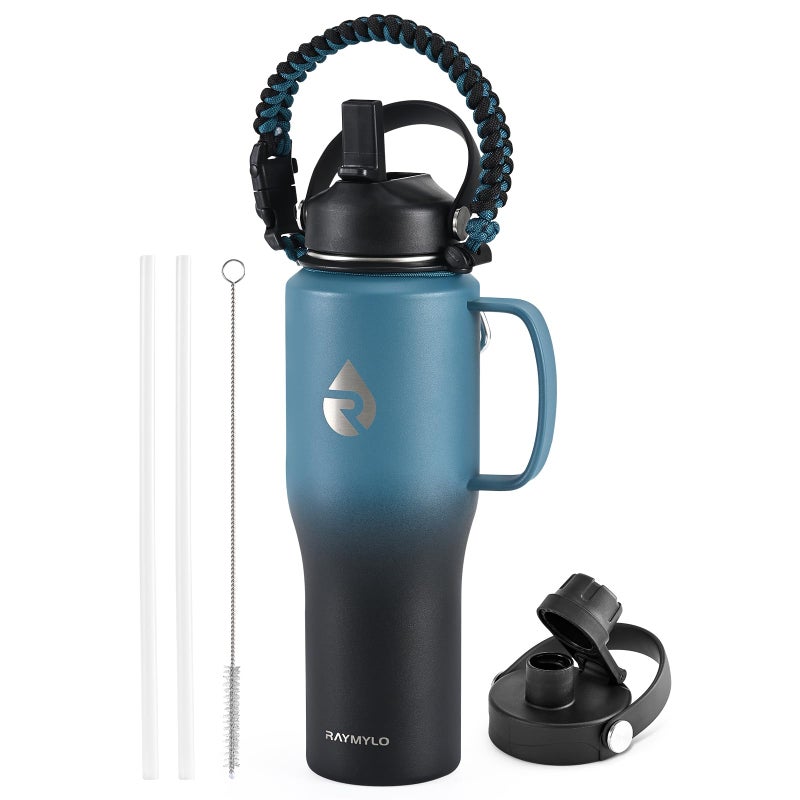 RAYMYLO 32oz Stainless Steel Water Bottle Cold for 48 Hrs Hot for 24 Hrs Triple Wall Vacuum Insulated Water Bottle with Straw Lid Spout Lid and Paracord Handle Leakproof Fit in Any Car Cup