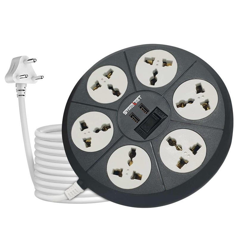 STANDLAST 6-Socket Extension Board with 2 USB (2.4A) | 3 Meter Surge Protector & 10A Spike Guard | Heavy Duty Extension Cord | Universal Socket Power Strip for Home,Office,TV, PC & Appliances - Grey - Image 1
