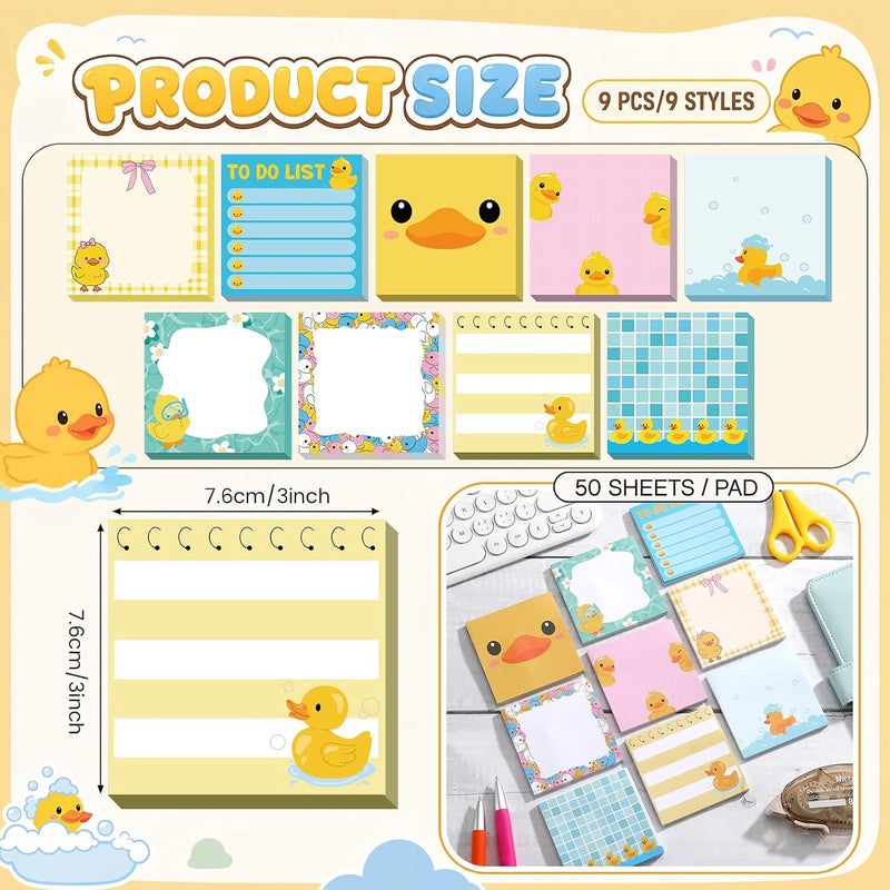 Saypacck 9 Pads Duck Sticky Notes 3x3 Inch Cute Self Stick Notepads Notes Adhesive Memo Pad Office Decor Gifts for Students School Teacher Meeting Office Supplies - Image 2