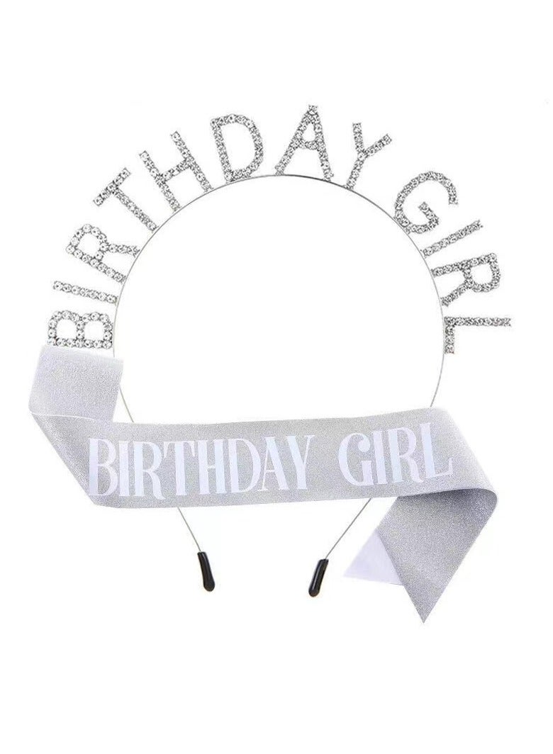 Lady Birthday Crown, Birthday Girl Belt & Rhinestone Headband Set, Silver Glitter Birthday Belt Birthday Headband, Sweet Happy Birthday Gift Party Ornament Hair Accessories - Image 1