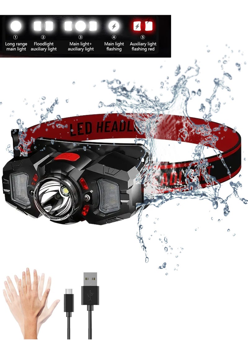Uwals Super Bright Rechargeable LED Headlamp, Portable Induction Waterproof Flashlight For Night Fishing Outdoor Camping Headlight  - Image 1