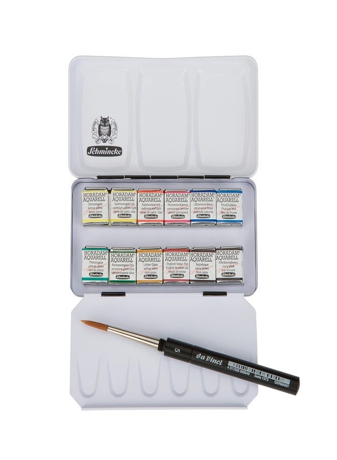 Schmincke - HORADAM AQUARELL Compact Color Box with 12 Finest Watercolor Colors, 1 Davinci Brush, 74 012 097, Metal Box, Painting Set, Finest Watercolor Colors, 12 x 1/2 Pans - Image 1