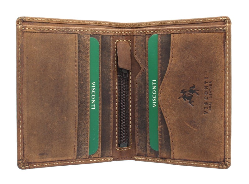 VISCONTI Hunter 705 RFID Men's Distressed Leather Compact Slim Bifold Card Holder Wallet (Oil Tan) - Image 1