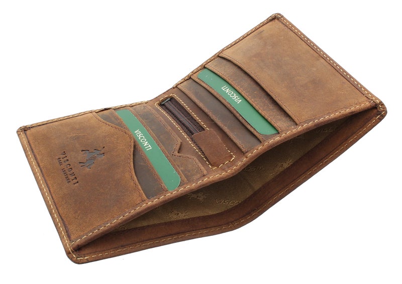 VISCONTI Hunter 705 RFID Men's Distressed Leather Compact Slim Bifold Card Holder Wallet (Oil Tan) - Image 3