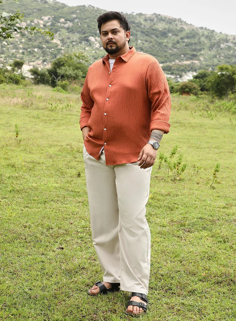 Instafab Plus  Instafab Plus Men Solid Creased-Tactile Shirt | Spread Collar , Long Cuffed Sleeves | Button Closure , - Hem | Solid Textured | Woven Fabric For Casual & Daily Wear | Saffron Orange for Men | Best Price UAE