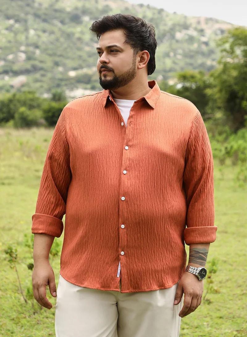 Instafab Plus Instafab Plus Men Solid Creased-Tactile Shirt | Spread Collar , Long Cuffed Sleeves | Button Closure , - Hem | Solid Textured | Woven Fabric For Casual & Daily Wear | Saffron Orange