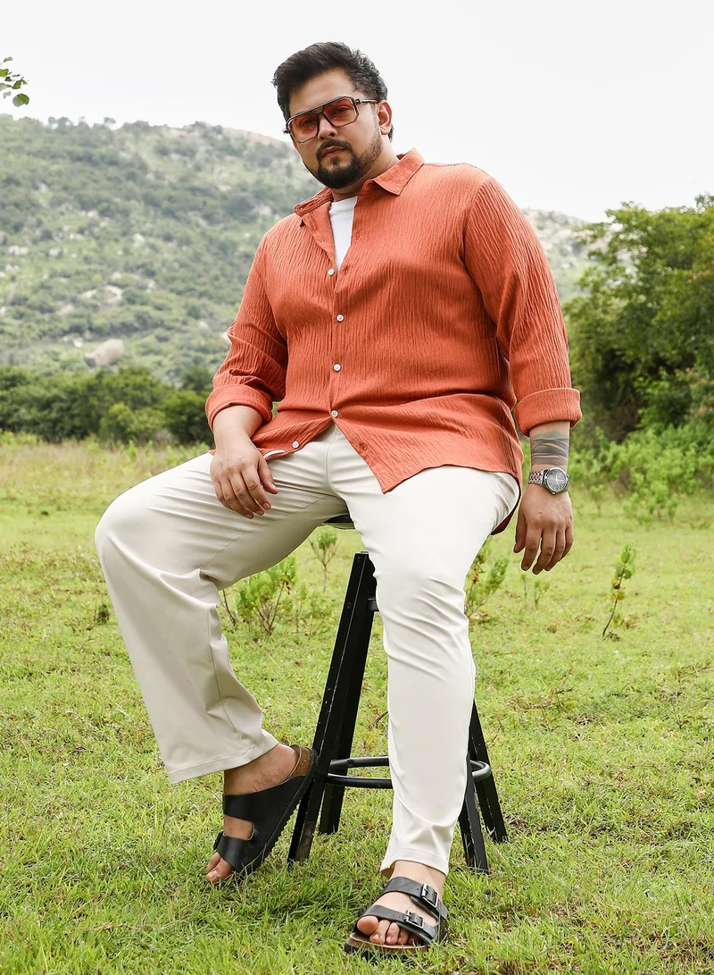 Instafab Plus  Instafab Plus Men Solid Creased-Tactile Shirt | Spread Collar , Long Cuffed Sleeves | Button Closure , - Hem | Solid Textured | Woven Fabric For Casual & Daily Wear | Saffron Orange for Men | Best Price UAE