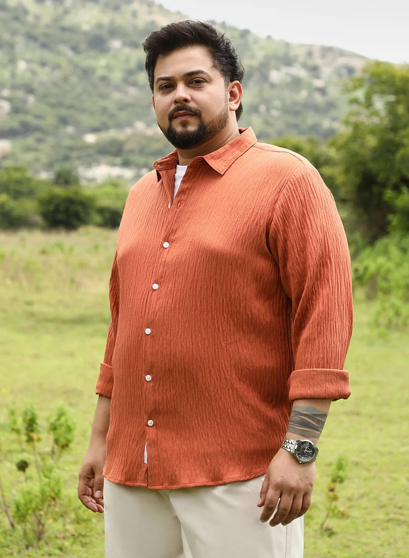 Instafab Plus  Instafab Plus Men Solid Creased-Tactile Shirt | Spread Collar , Long Cuffed Sleeves | Button Closure , - Hem | Solid Textured | Woven Fabric For Casual & Daily Wear | Saffron Orange for Men | Best Price UAE