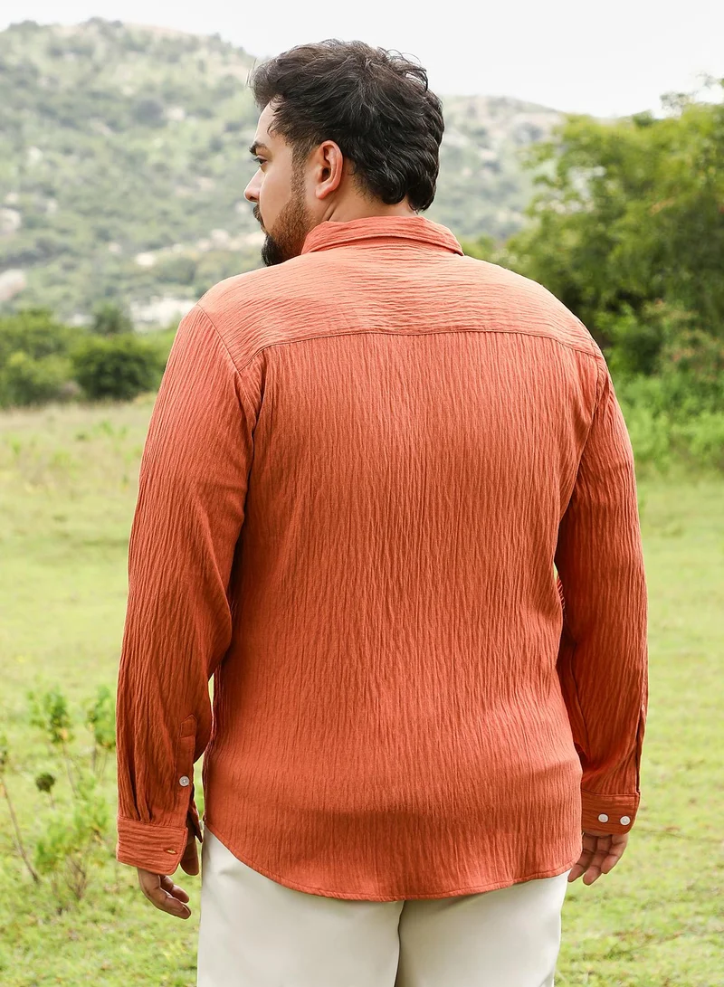 Instafab Plus  Instafab Plus Men Solid Creased-Tactile Shirt | Spread Collar , Long Cuffed Sleeves | Button Closure , - Hem | Solid Textured | Woven Fabric For Casual & Daily Wear | Saffron Orange for Men | Best Price UAE