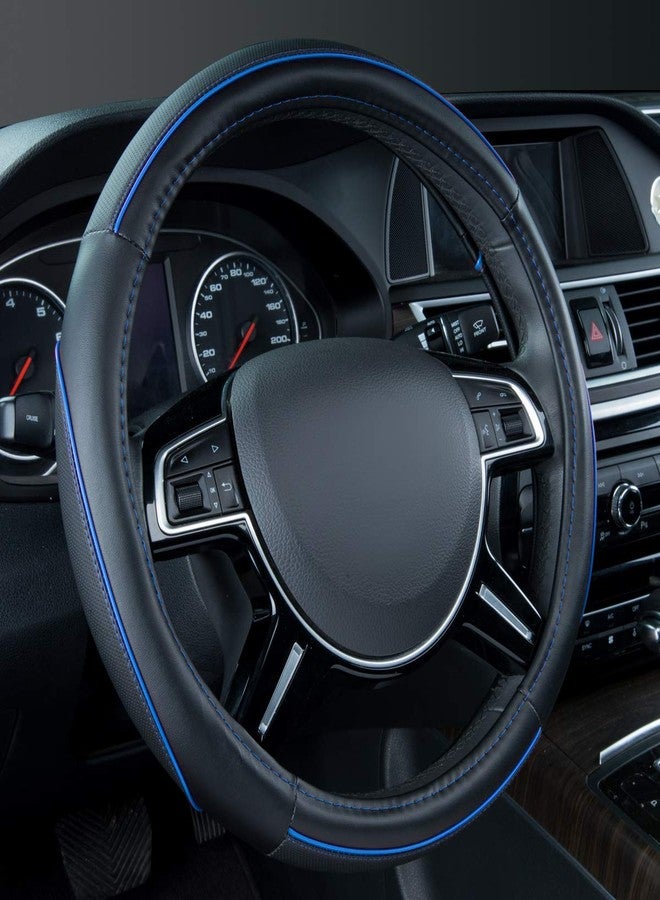 Car Pass Colour Piping Leather Universal Fit Steering Wheel Cover,Perfectly fit for Suvs,Vans,Trucks,Sedans,Cars (Black and Blue) - Image 1