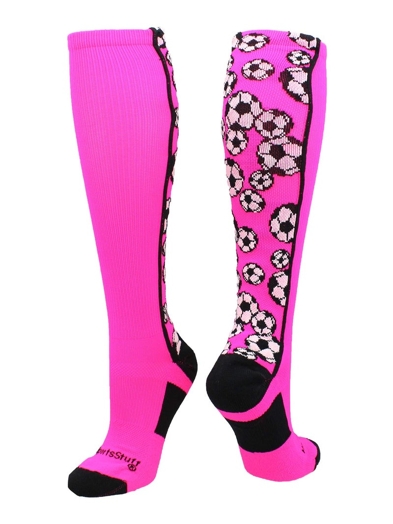 MadSportsStuff Crazy Soccer Socks with Soccer Balls over the calf (Neon Pink/Black, Small) - Image 1