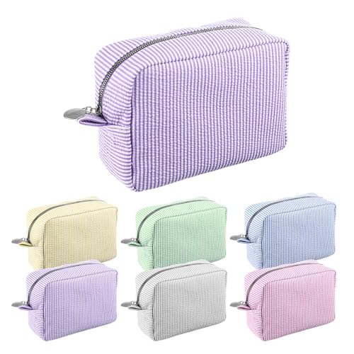 AojSup 6 Pcs Seersucker Makeup Bags Striped Makeup Bag Striped Women Large Travel Toiletry Organizer Preppy Storage Pouch for Embroidery Wedding Bridesmaid Bride Mom Gift - Image 1