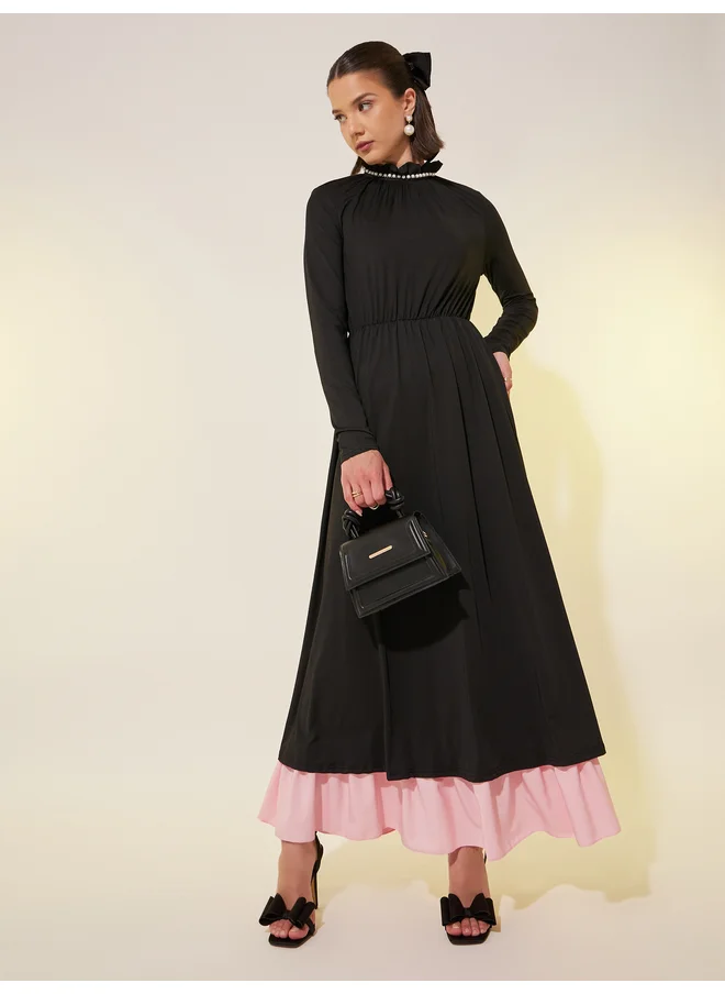 Take Two Take Two Faux Pearl Trim Contrast Layered Hem A-Line Maxi Dress
