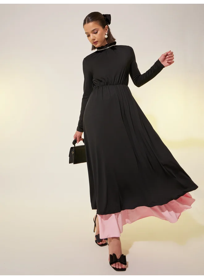 Take Two Take Two Faux Pearl Trim Contrast Layered Hem A-Line Maxi Dress