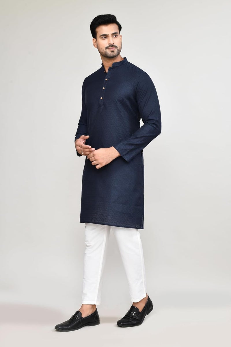 Polyfab Hathkargha Men’s Textured Cotton Kurta with White Pajama | Traditional Ethnic Wear for Festivals, Weddings & Parties - Image 3